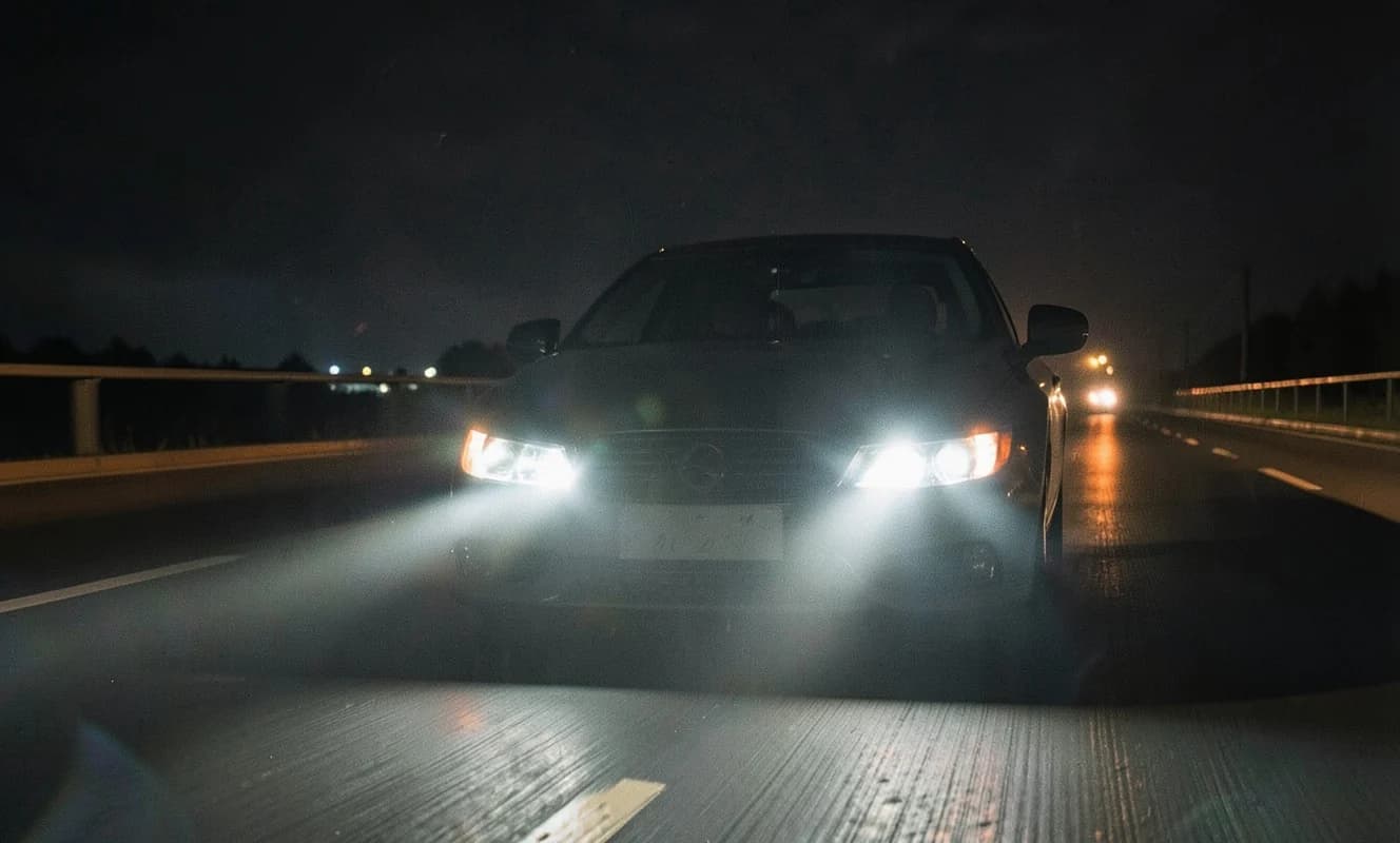 La carrera de brillo de los faros modernos de los autos