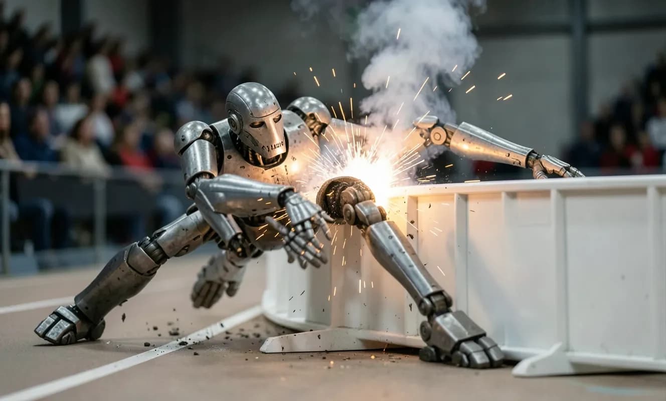 北京ロボットオリンピックでヒューマノイドランナーが壁に衝突し火花を散らす