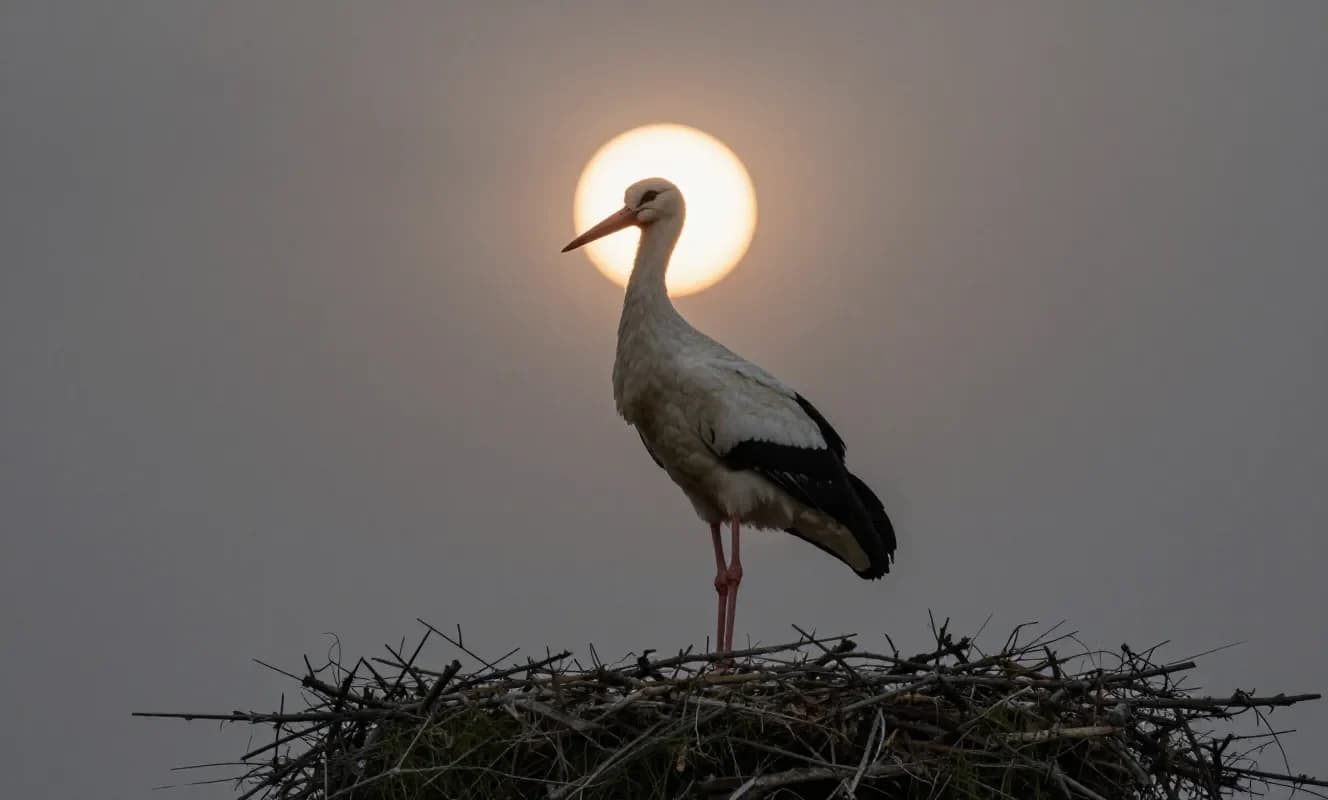 ポーランドで部分日食中にコウノトリが観測される