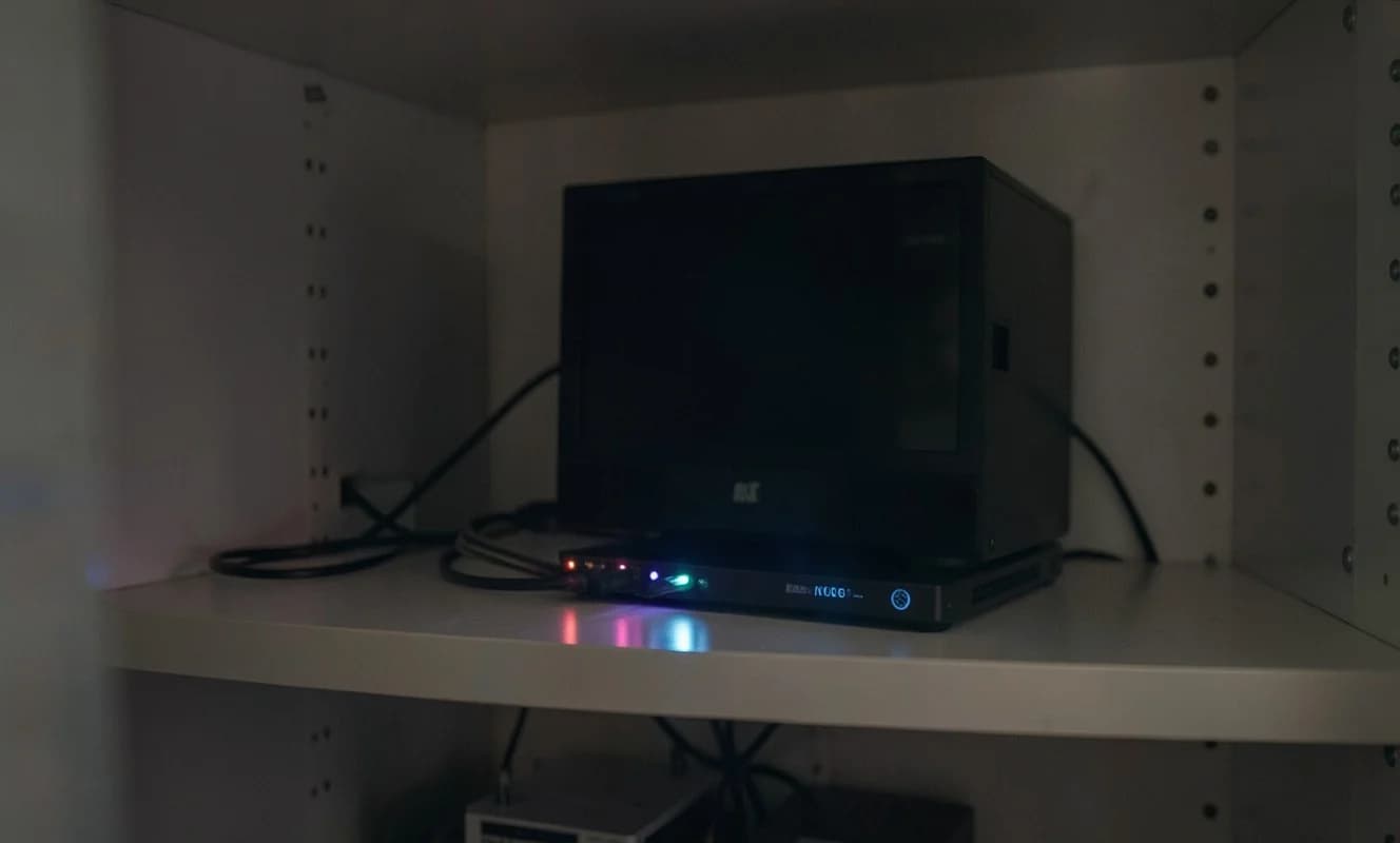 コンパクトデスクトップPCが閉じたキャビネット内で家庭の写真・文書バックアップを管理